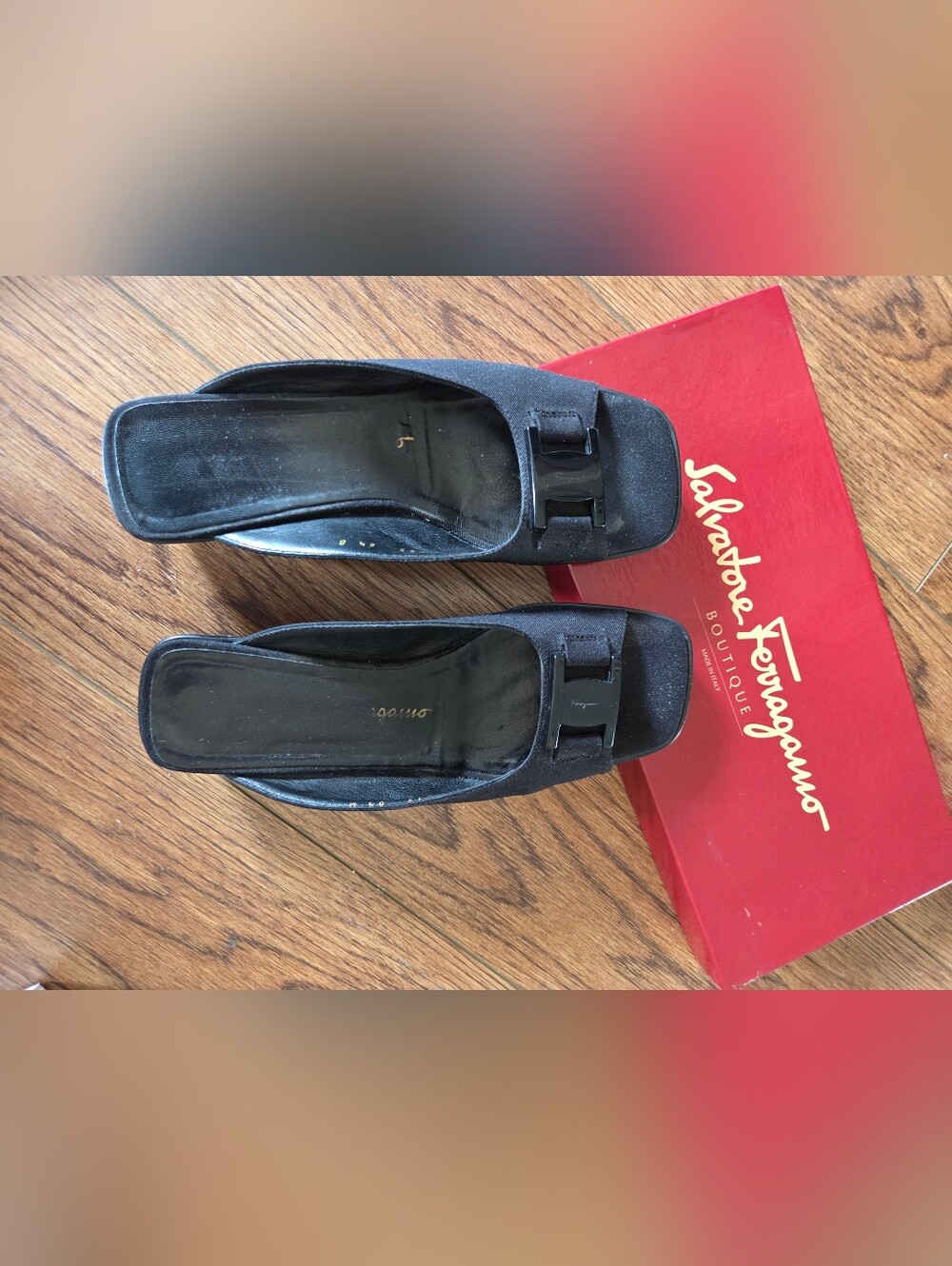 Salvatore Ferragamo Black Square-Toe Slide Mules with Bow Accent